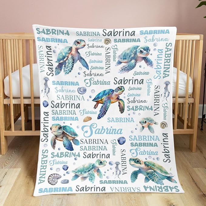Personalized Baby Blanket for Boys Girls Turtle Custom Baby Blankets with Name Dotted Backing Customized Gifts for New Mom Customize Baby Blanket for Kids Newborn Birthday Blue