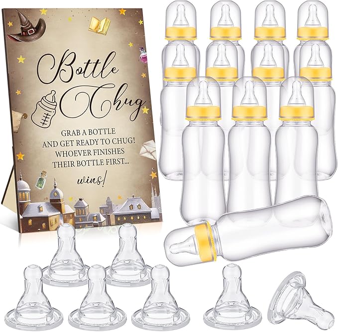 TrelaCo Cool Baby Shower Games Bottle Chug Sign and 12 Pcs Baby Bottle Shower Favor for Games Gender Reveal(Dark Color,Magical Wizard)