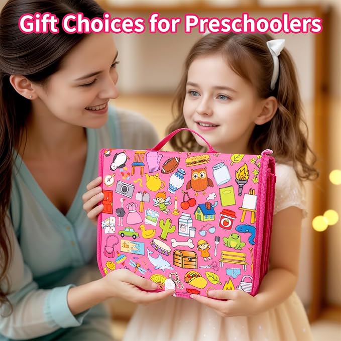 12-page Toddler Busy Board Montessori Toys for 1 2 3 4 Years Old, Busy Book for Toddlers 1-3 Girl Birthday Gift, 24 in 1 Activity Sensory Toys for Motor Skills, Travel Toy for Car Airplane (Pink)
