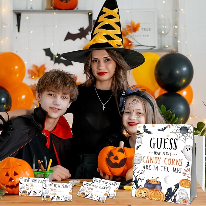 Halloween How Many Candy Corns Are In The Jar - 1 Standing Sign & 50 Guessing Cards - Cute Halloween Party Game & Decoration For Boys, Girls, Adults - Baby Shower, Birthday Game Set - A05