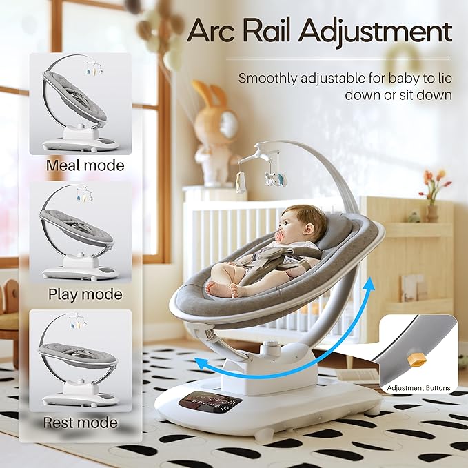 AMKE Luxury Electric Baby Swing for Infants - 5 Swing Motions, Quiet 45dB Motor, Touchscreen Control Panel Adjustable Recline, 5 Buit-in Songs - Newborn Rocker with Detachable Toys