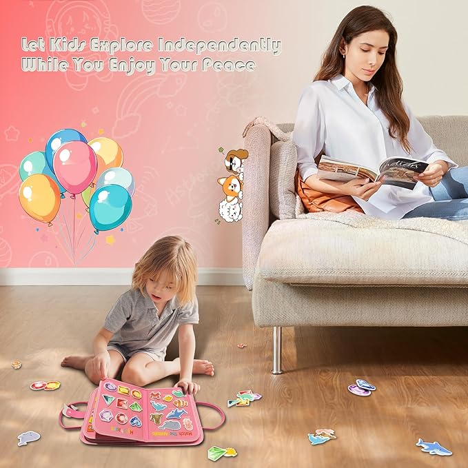 Toddler Busy Board Montessori Toys - Quiet Book for Boys Girls Toddlers Birthday Gift, Busy Book for Learning Fine Motor Skills Educational Activities, Sensory Travel Toy for Airplane & Car (Pink)