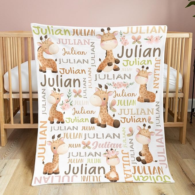 Personalized Baby Blanket for Girls Boys Giraffe Custom Baby Blankets with Name Dotted Backing Customized Gifts for New Mom Customize Baby Blanket for Kids Newborn Birthday
