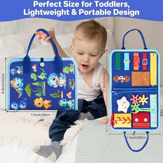 Toddler Busy Board Montessori Toys, Sensory Toys for 1 2 3 4 Year Old Boy, Busy Book Travel Educational Activities for Learning Fine Motor Skills Birthday Gifts (Blue Dinosaur/P10)