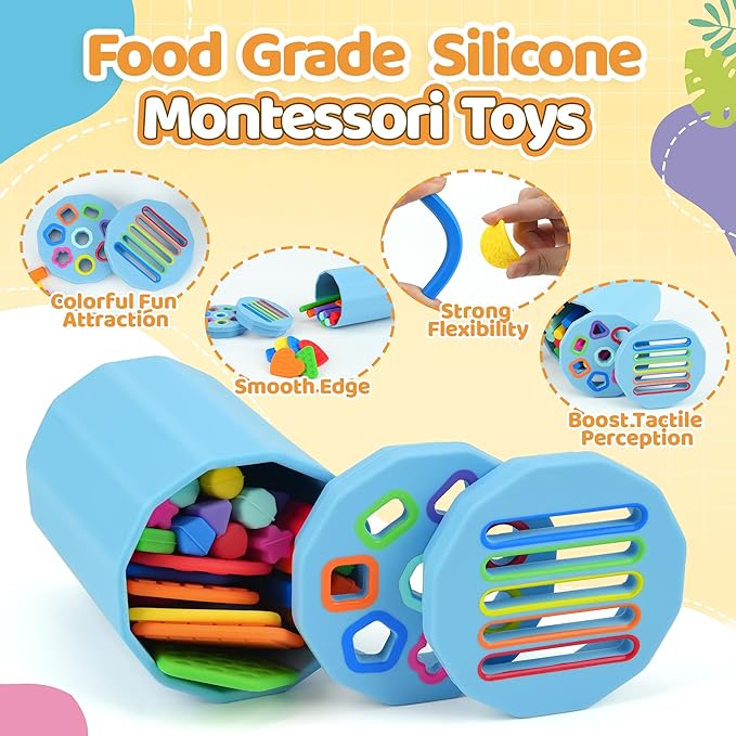 Shape & Color Sorting Montessori Baby Toddler Toys for 1 2 3 Years Boys Girls, Silicone Montessori Toys for 1 Year Old, Fine Motor Skills Sensory Toddlers Toy 1 Year Old Girl and Boy Gift, 2 in 1