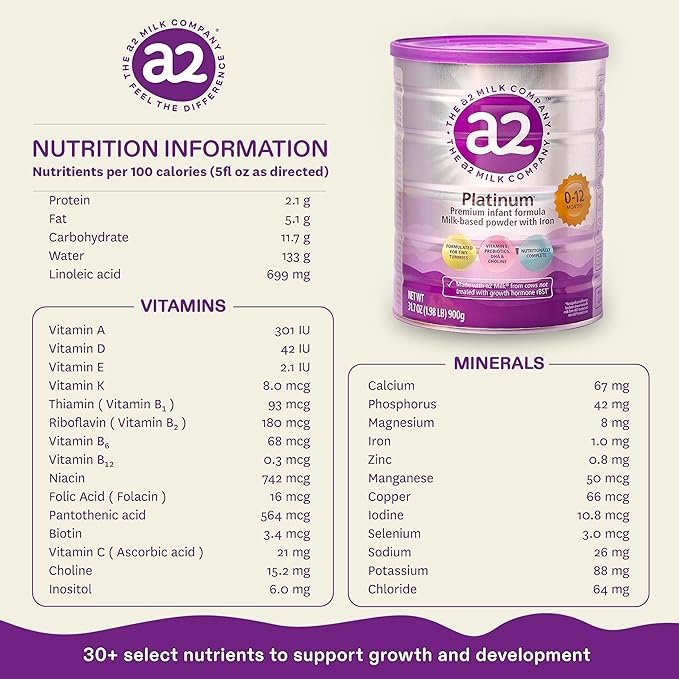 a2 Platinum® Premium Infant Formula for Babies Ages 0-12 Months, Whole Milk Powder-Based Formula with Iron, Nutritionally Complete, Made with Pure and Natural a2 Milk®, 31.7- oz Can, Pack of 6