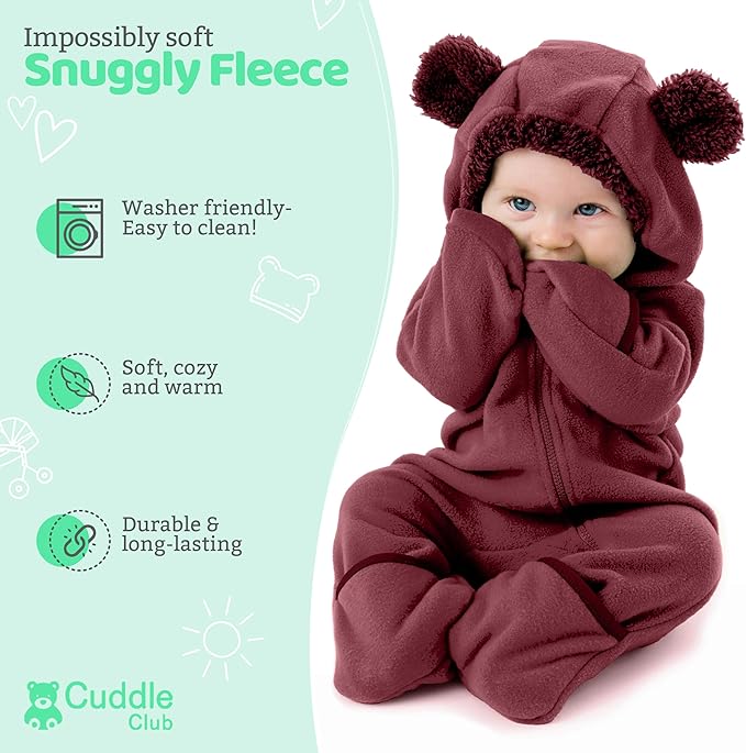 Cuddle Club Fleece Baby Bunting Bodysuit with Hood, Convertible Mittens & Booties, Car Seat Friendly, Soft & Warm, Easy Zip