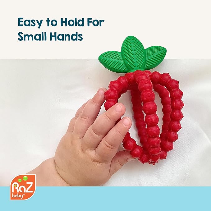 RaZbaby Bites Silicone Baby Teething Toy – Sensory Toy with Textured BerryBumps for Teething Relief, Easy-to-Hold Fruit Shape, BPA-Free, Soothes Front & Back Teeth – Gift for Babies, 3 Months+, Pink