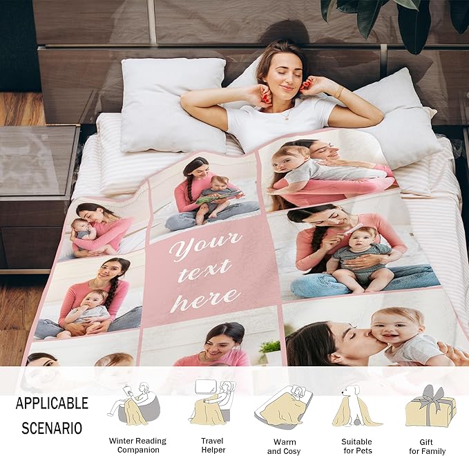 Custom Photo Blanket with Picture, Personalized for Mom, Dad, Kids, Baby, Wife, Husband, Girlfriend, Boyfriend