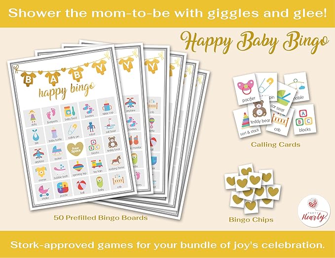Party Hearty Baby Shower Games for Girl or Boy, 250 pcs 5 Games Activities Cards, Funny Baby Shower Games, Gender Neutral, Baby Shower Ideas