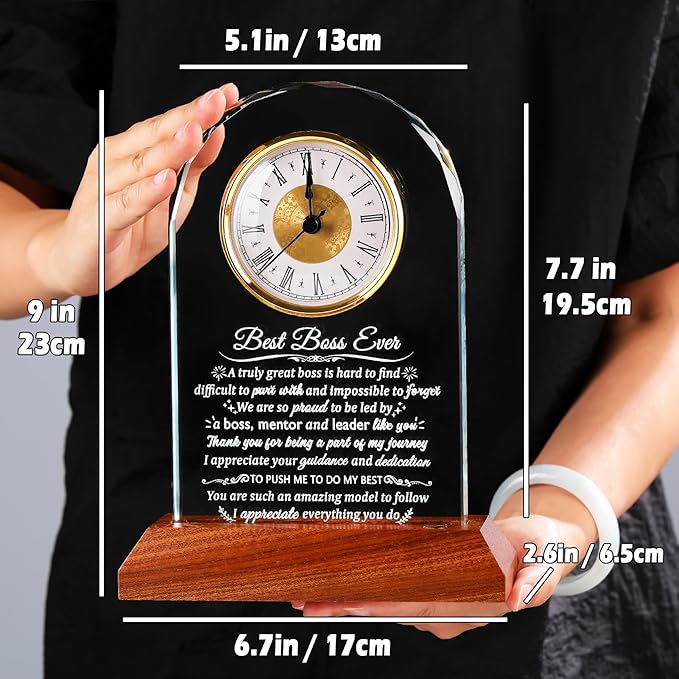 Glass Clock Best Boss Ever Gifts for Women with Wooden LED Light Base, Personalized Appreciation Gift for Men, Retirement Clock for Lady Boss Going Away, Boss's Day Gift Idea for Office Desk Clock