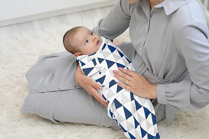 BaeBae Goods Swaddle Blanket, Adjustable Infant Baby Swaddling Wrap Set of 4, Baby Swaddling Wrap Blankets for Boys and Girls Made in Soft Cotton (Navy/Grey Triangles, 3-6 Months)