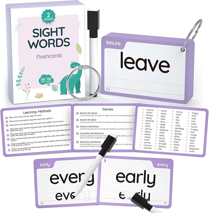 WJPC 58 Cards, 116PCS High Frequency Sight Words Flash Cards (Second-Grade), 1st, 2nd, 3rd Grade, 6,7,8,9 Years Ages Kids Boys Girls Homeschool Phonics Learning Cards to Read, Write.