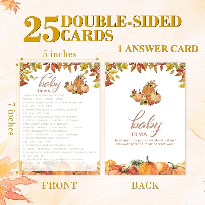 Fall Baby Shower Games, Baby Trivia Game Cards, 5x7 in, Thanksgiving Baby Shower Party Favor Decorations Supplies - A05