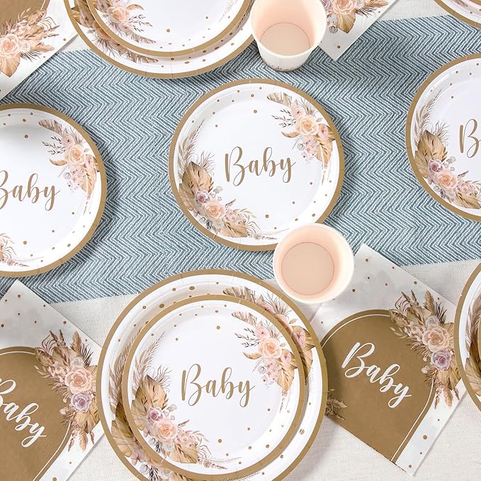 Boho Baby Shower Decorations Plates and Napkins Tableware for 24 Guests, Pampas Grass Floral Paper Plates Cups Design for Neutral Baby Shower Girl Boy Boho Party Supplies
