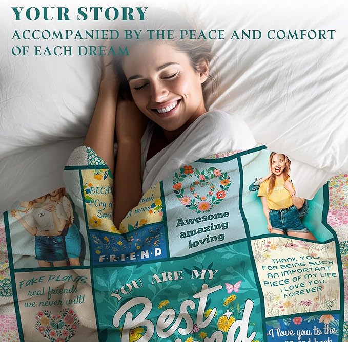 BFF Best Friend Custom Personalized Blanket Thow Gifts with Photo, Customized Pictures Blankets Gift for Sister Women Girls Christmas Birthday (Green Grid Friend)