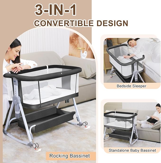 Baby Bassinet Bedside Crib, 3 in 1 Baby Bassinet Bedside Sleeper with Musical Toy, Adjustable Portable Crib All Mesh Bedside Bassinet with Storage Basket, Black