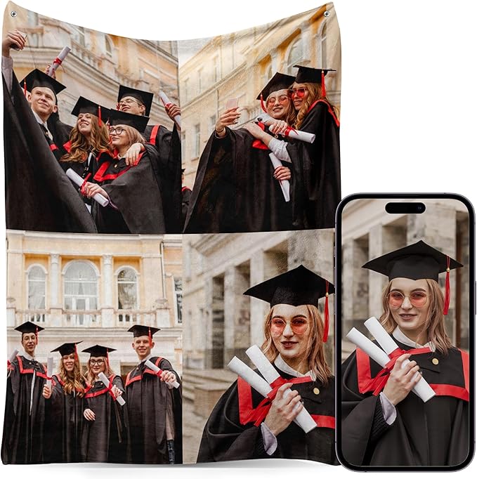 Custom Personalized 9 Photo Collage Blanket Thow Gifts with Text, Customized Pictures Blankets Gift for Christmas Birthday Thanksgiving Adults Kids Dad Mom Girlfriend Boyfriend (4 Graduate)