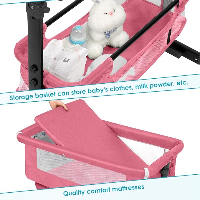 Baby Bassinet, Baby Basinet Bedside Sleeper, Easy to Fold Portable Crib Side Bassinet 2025new Style Girl/boy bassinets (Pink)