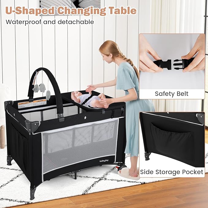 BABY JOY 3 in 1 Pack and Play, Travel Baby Crib Bassinet Bed with Bassinet, Changing Table with Safety Belt, Toy Bar, Lockable Wheels, Portable Baby Playard from Newborn to Toddler