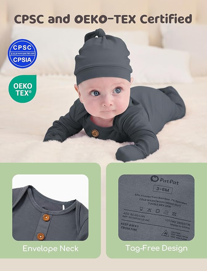 PATPAT Baby Sleeper Gown with Bamboo Viscose for Newborn Girls Boys, Knotted Nightgown with Mittens for Infant Home Coming