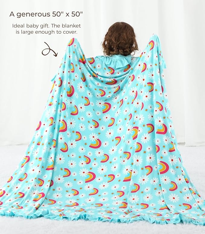 Premium Baby Blanket for Girls, Stretchy Quilt, Soft Crib Bedding for Newborn Baby and Toddler, Ruffle Nursery Blanket for Kids, Viscose Made from Bamboo 50''x50'' Daisy