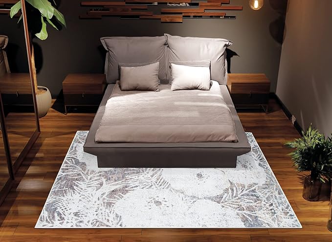 Bloom Rugs Washable Non-Slip 8' x 10' Rug - Tan/Brown/Blue Modern Floral Area Rug for Living Room, Bedroom, Dining Room, and Kitchen - Exact Size: 8' x 10'