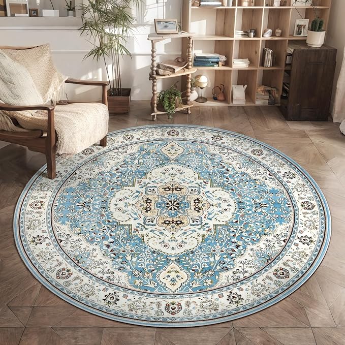 Ciicool Washable Area Rug Round 5’x5’ Boho Bedroom Rug Non-Slip Oriental Entry Throw Rug Low-Pile Indoor Floor Carpet for Dining Room Laundry Foyer Decor (Vintage Blue)