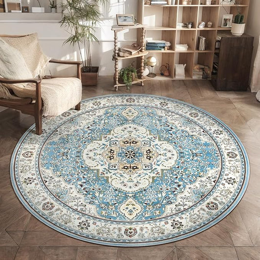 Ciicool Washable Area Rug Round 5’x5’ Boho Bedroom Rug Non-Slip Oriental Entry Throw Rug Low-Pile Indoor Floor Carpet for Dining Room Laundry Foyer Decor (Vintage Blue)