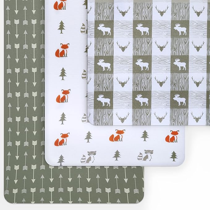 Fitted Unisex Crib Sheets (3 Pack) by GROW WILD - Jersey Knit Cotton Crib Sheets for Boys or Girls, 52β x 28β x 9β Crib Bedding Set (Forest Fun)