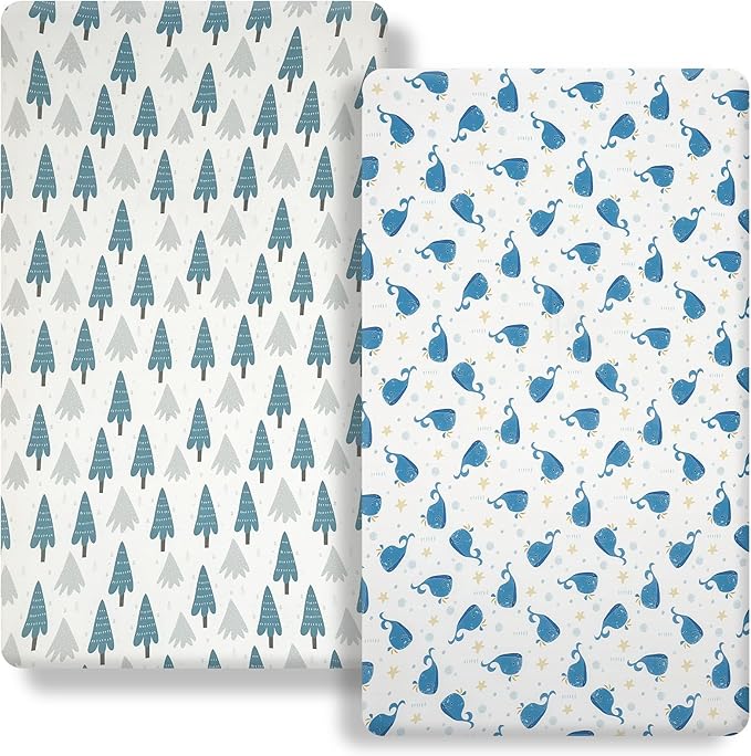 Pack n Play Flat Sheet 2 Piece Mini Crib Sheet Elastic Playard Sheet Set Portable Sheet Set Elastic Convertible Playmat Compatible Graco Pack n Play (Owl and Tree Bag) (Bubble Whale and Forest)
