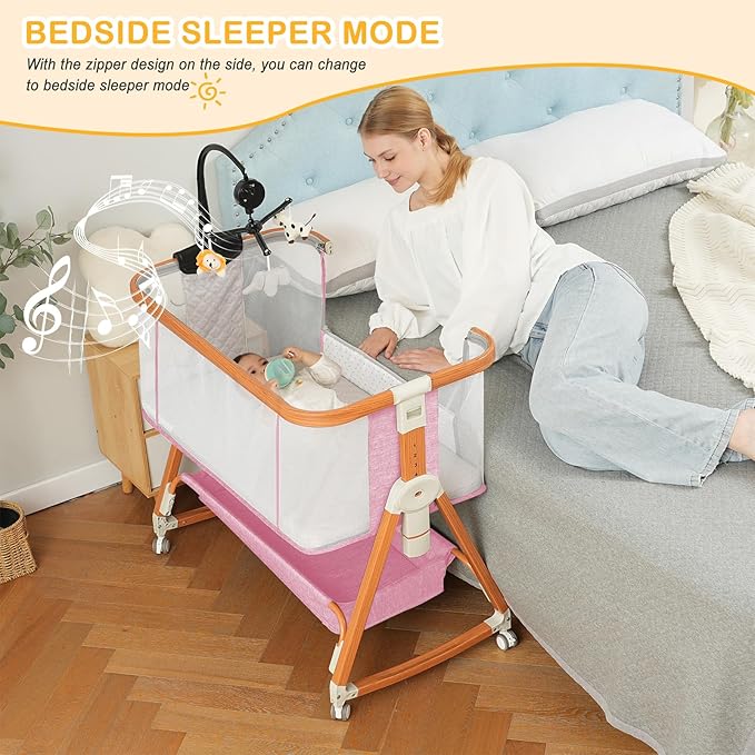 3 in 1 Bassinet,Baby Bassinets Bedside Sleeper with Musical Toy,Adjustable Height Bedside Bassinet for Baby with Wheels and Storage Basket,4-Sided Mesh Bedside Crib for Newborn 0-6 Months (Pink)