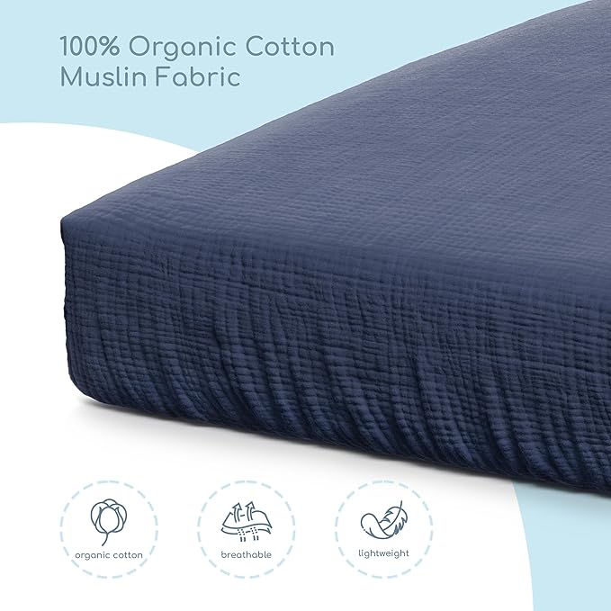 Muslin Crib Sheets, 100% Organic Cotton, Breathable and Ultra-Soft, Standard Crib Sheet Mattress (28"x 52") for Girls and Boys, Neutral Fitted Baby Crib Sheet (Navy)