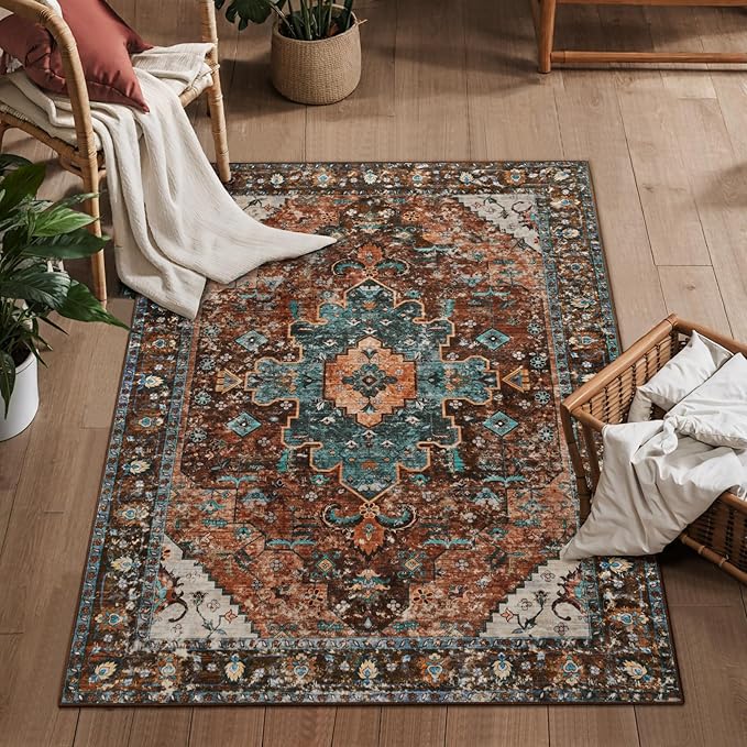 Ciicool Washable Vintage Area Rug, 2x3ft Small Boho Rug, Ultra Soft Rugs for Entryway, Non-Slip Entry Rugs Oriental Low-Pile Indoor Mat Floor Carpet for Entrance Bedroom Kitchen Bathroom Foyer Decor