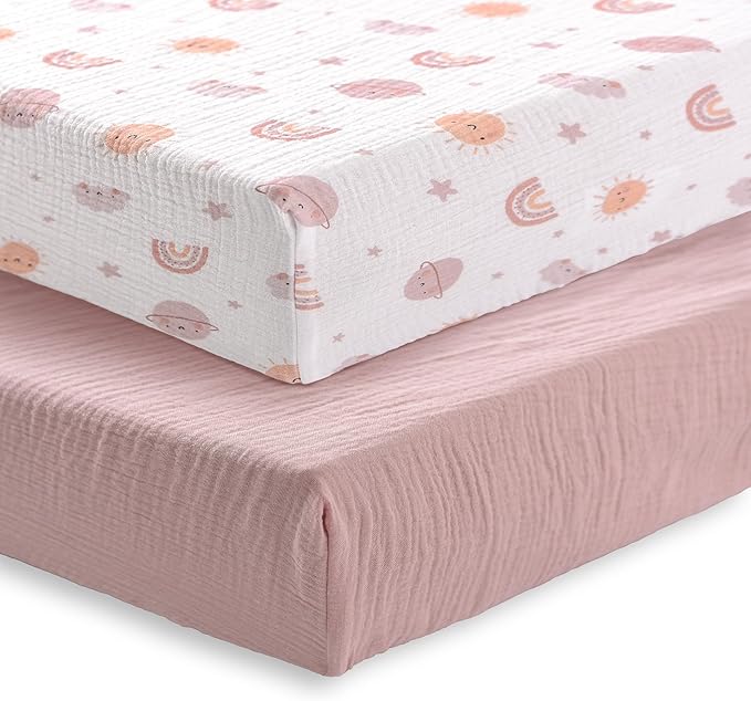 Baby Crib Sheets 2 PCS, 100% Organic Cotton Crib Sheet for Standard Crib Mattress(52”x 28”), Fitted and Soft Breathable Muslin Crib Mattress Sheet for Girl and Boy (Rainbow, Pink)