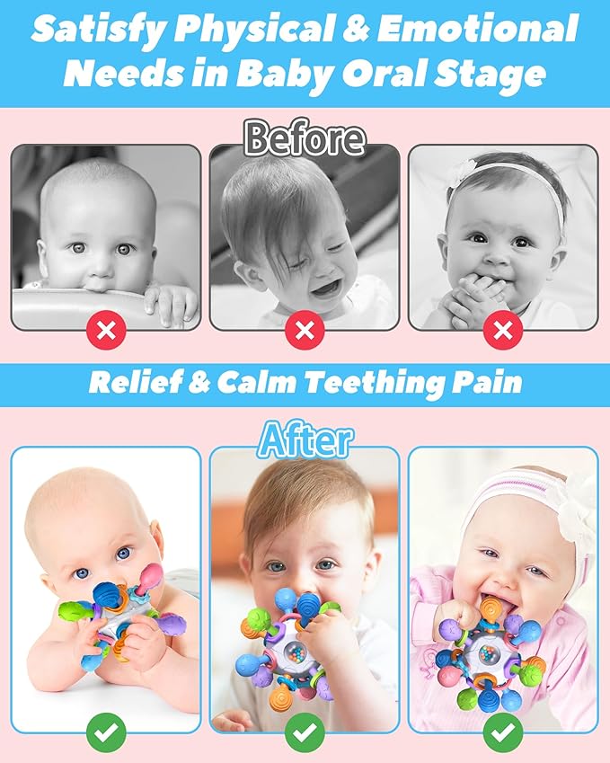 Baby Teething Toys for 0-6 6-12 Months Ages 0-2, Tummy Time Montessori Toys for Babies 0 3 6 9 12 18 Months, Newborn Infant Sensory Toys, Baby Shower Gifts for Boys Girls
