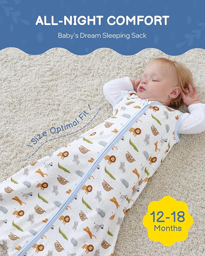 Baby Sleep Sack 12-18 Months, 100% Organic Cotton Wearable Blanket for Babies, 2-Way Zipper TOG 0.5 Lightweight Breathable Baby Sleeping Bag, 4 Sizes-L Animal&Plant&White
