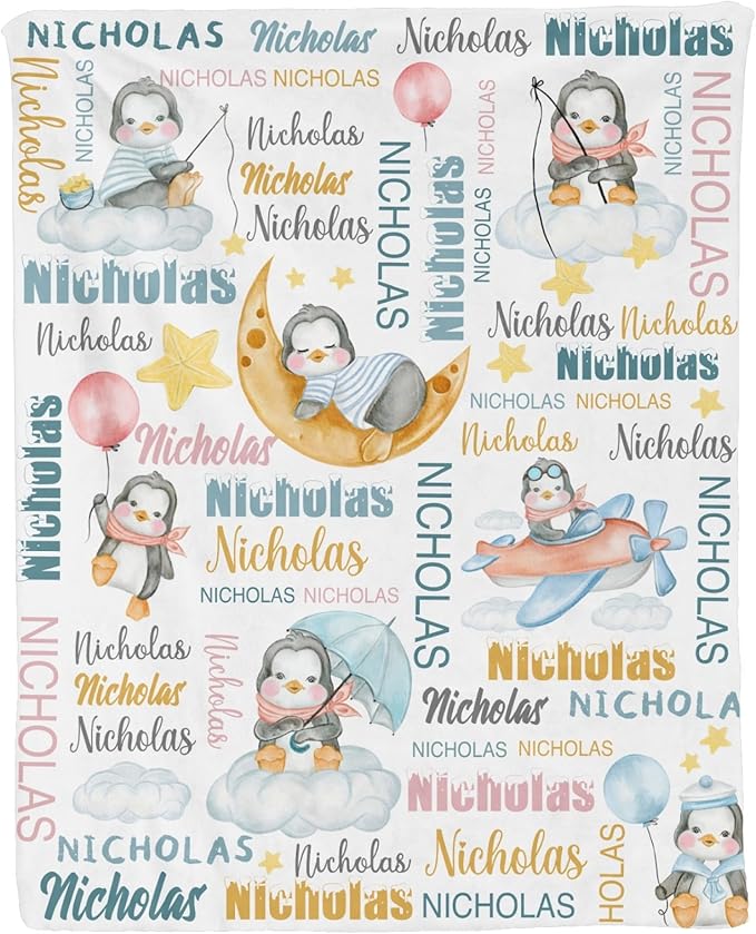 Personalized Baby Blanket for Girls Boys Penguin Custom Baby Blankets with Name Dotted Backing Customized Gifts for New Mom Customize Baby Blanket for Kids Newborn Birthday