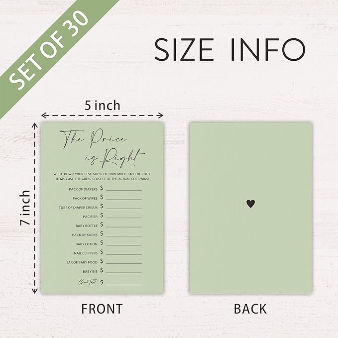 30 Pcs Minimalist Green Baby Shower Game Cards, The Price Is Right Game, Baby Shower Games To Play With Family And Friends, Baby Announcement, Gender Reveal Party Supplies - A05