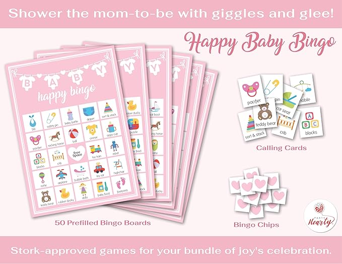 Party Hearty Baby Shower Games for Girl, 250 pcs Pink 5 Games Activities Cards, Funny Baby Shower Games, Baby Shower Ideas