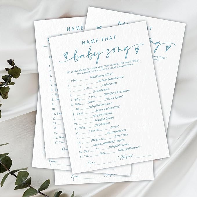 Name That Baby Song Game Set For Baby Shower - Minimalism White & Blue - 30 Double-Sided Fill In Style Game Cards & 1 Answer Card For Gender Reveal, Baby Announcement, Party Favor & Supplies - C04