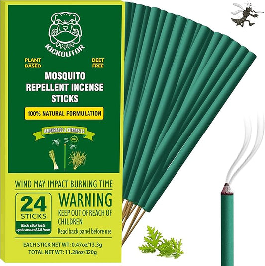 KICKOUTOR® Mosquito Repellent Outdoor Patio 24 PCS Natural Citronella Incense Sticks DEET Free Lemongrass Oil Gnat Mosquito Control for Indoor Backyard Travel Camping