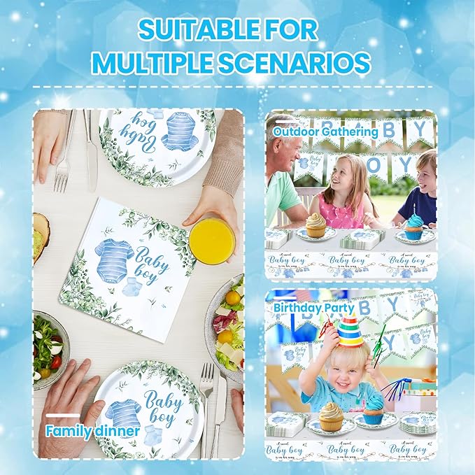 Baby Boy Shower Decorations Tableware Set, Disposable Plates Napkins, Tablecloth and Banner, for Baby Boy Baby Shower Decorations (Blue Tableware Set)