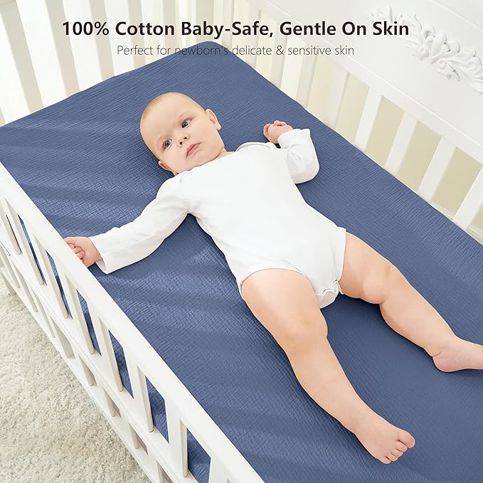Bearmoss Muslin Mini Crib Sheets for Pack N Play Mattress - 100% Cotton - 38"x26" Soft Breathable Playard Baby Crib Sheets Neutral for Boys Girls - 2 Pack (Blue Crescent)