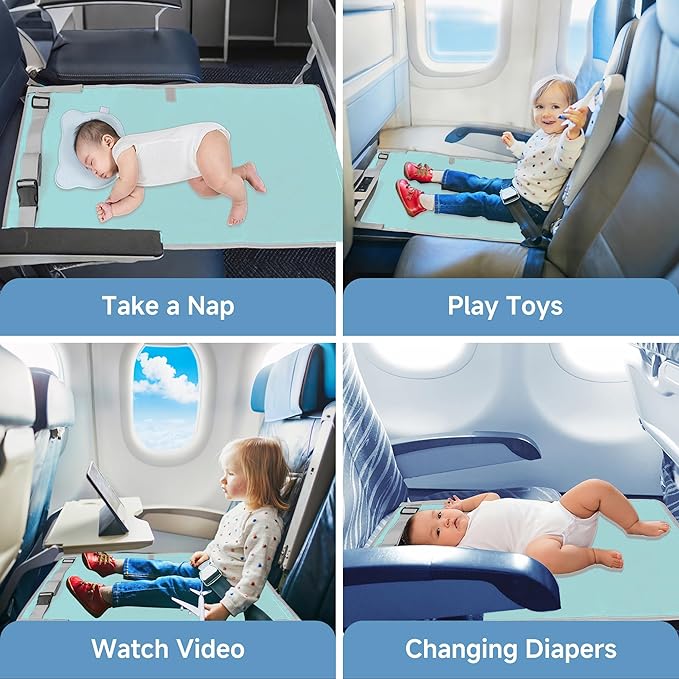 Toddler Airplane Bed, Portable Airplane Seat Extender for Kids, Durable Oxford Cloth – Waterproof and Easy to Clean, Flight Accessories for Toddlers Aged 1–4, Carry-On Compatible, Green