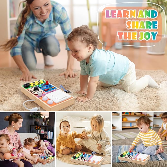 Busy Board with LED Light, Wooden Switches Board Sensory Toys for Toddlers 1-3, Toddlers Activity Travel Montessori Toys for 1 2 3 Year Old Boys Girls Birthday Gift