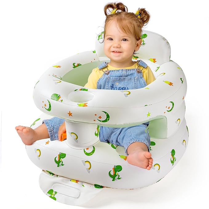 Inflatable Baby Seat with Full Enclosure, Comfortable Sit Me Up Baby Chair for Learning to Sit, Built in Air Pump Blow Up Infant Back Support Floor Seat for Babies 3 Months & Up (Dinosaur-Regular)