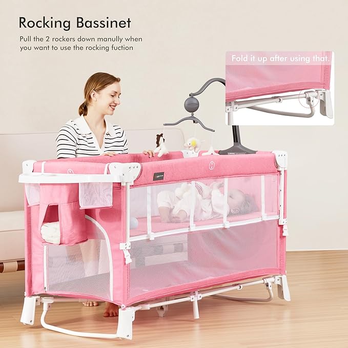 ANGELBLISS 5 in 1 Baby Bassinet Bedside Crib, Beside Sleeper with Diaper Changer& Removable Rocker, Pack and Play Bassinet, Easy Folding Portable Playpen Bassinet with Mobile, Sheet& Mattress