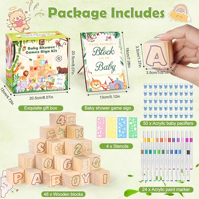 115 Pcs Baby Shower Games Sign Kit, Baby Shower Blocks to Decorate with 48 Wooden Blocks 50 Acrylic Baby Pacifiers 75 Stencils 24 Acrylic Paint Marker, Suitable for Gender Reveal Game