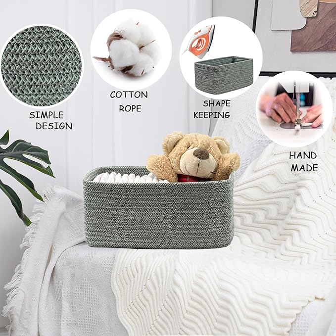 COMFY-HOMI 13" x 8.5" x 5.1"Storage Baskets for Organizing | Cotton Rope Woven Basket | Toy Storage Bin Box | Basket for Shelves, Closet Organizer Bin, Decorative Closet Shelf, 3 Pack, Green